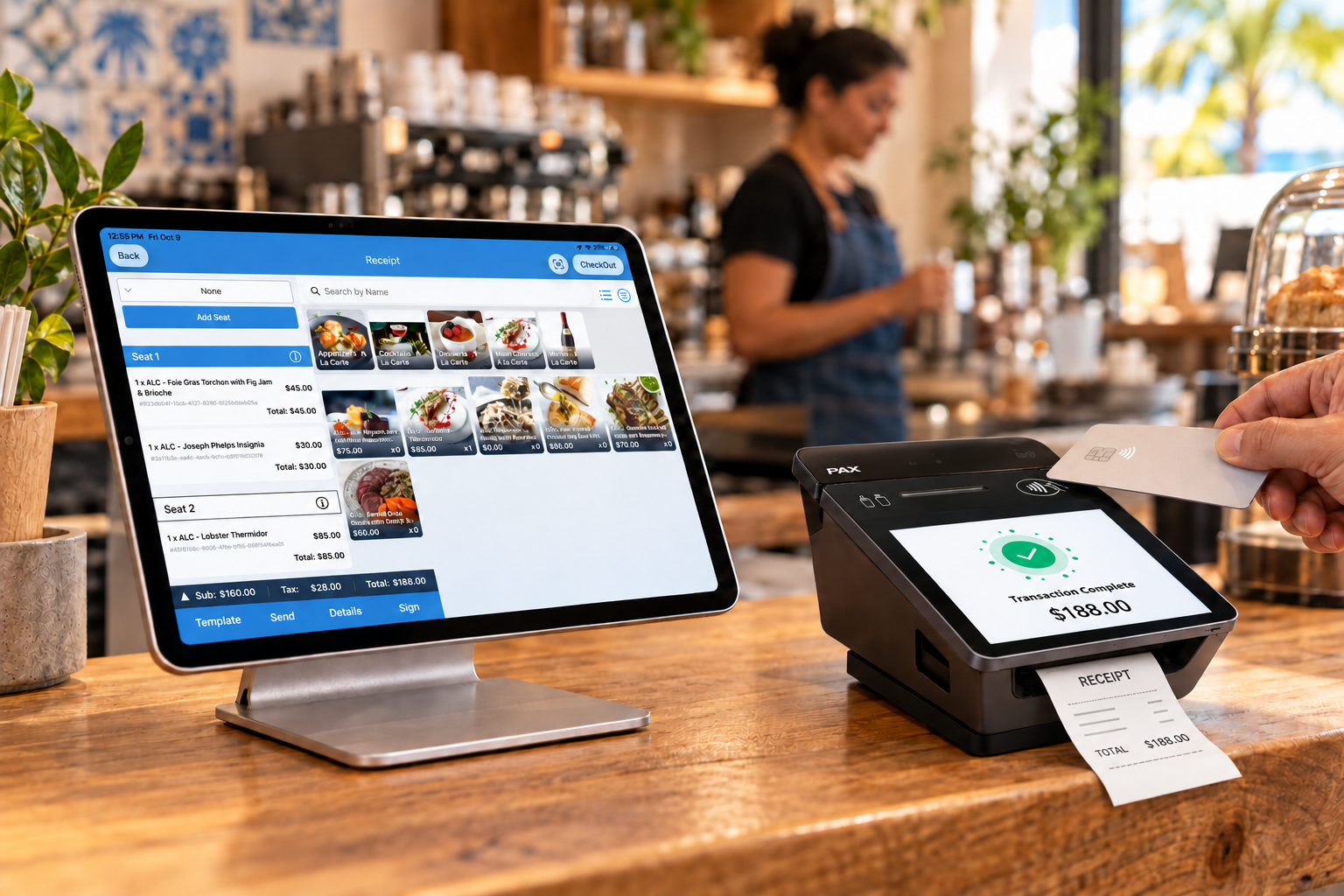 Montaje de restaurante con la interfaz de eMobilePOS suministrada para el iPad, junto a un dispositivo 3 en 1 con pago sin contacto y recibo saliendo por el frente, debajo de la pantalla