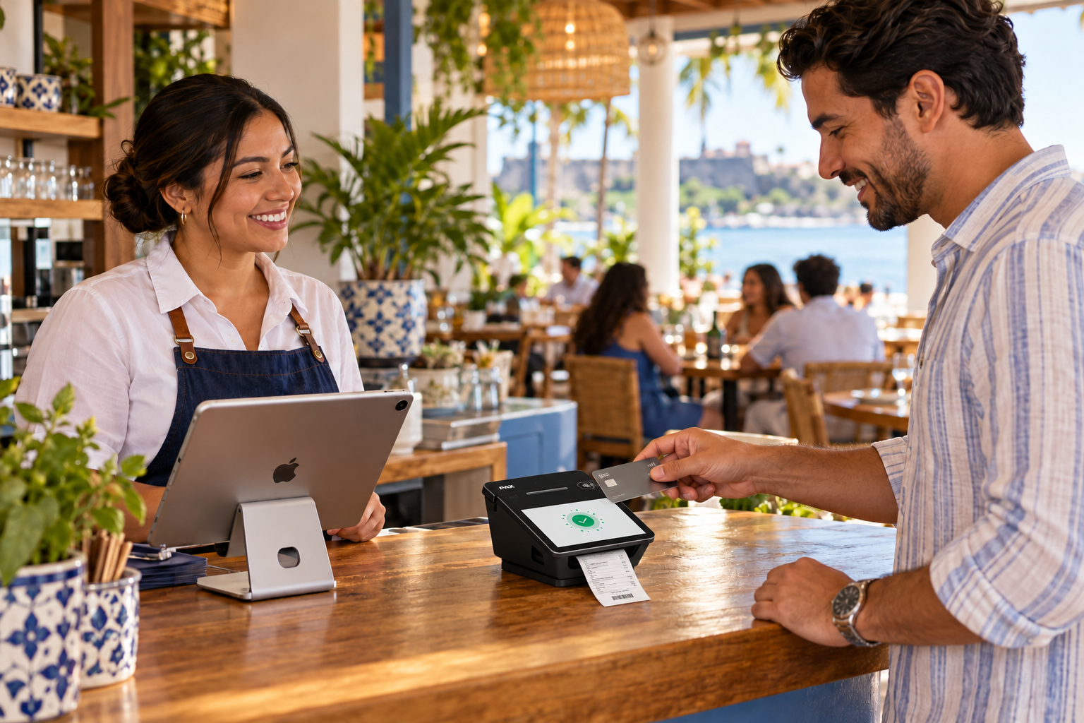 Escena ilustrativa de una empleada usando un iPad mientras un cliente acerca su tarjeta al área contactless de un dispositivo 3 en 1, con el recibo saliendo por la abertura frontal
